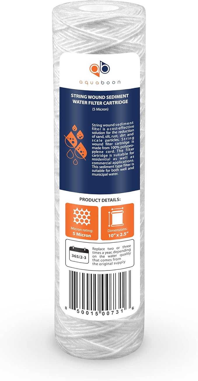 Aquaboon Whole House 5 Micron 10 x 2.5 String Wound Sediment Water Filter Cartridge Replacement Compatible with Well Water Filter WHKF-WHSW, 4-Pack