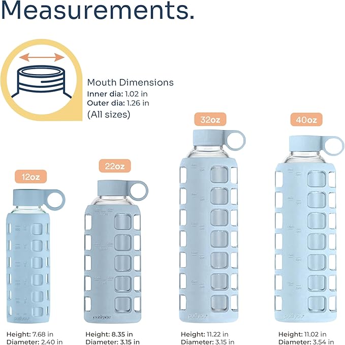 purifyou 40oz / 32oz / 22oz / 12oz Borosilicate Glass Water Bottle with Time & Volume Markers, Silicone Sleeve, Stainless Steel Lid | Reusable Glass Bottle for Water & Juice (32oz Ice Blue)