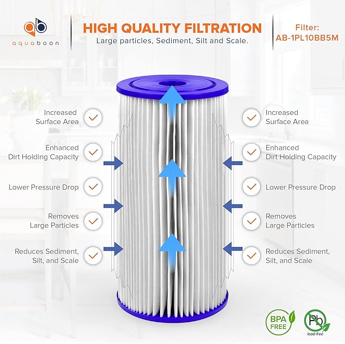 Aquaboon 5 Micron Pleated Sediment Water Filter 10 x 4.5 Cartridge - Whole House Water Filter Replacement - Whole House Water Filters Cartridges Compatible with Well Filters FXHSC, R50-BBSA, 10-Pack