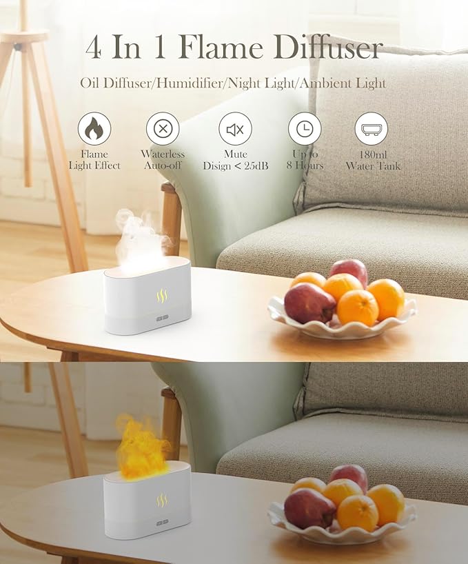 Essential Oil Diffuser,Humidifier with 7 Colors Flame Light,180ml Air Humidifiers for Bedroom, Home, Office, Gifts - Portable,Auto-Off Protection,4 Modes Mist(White)