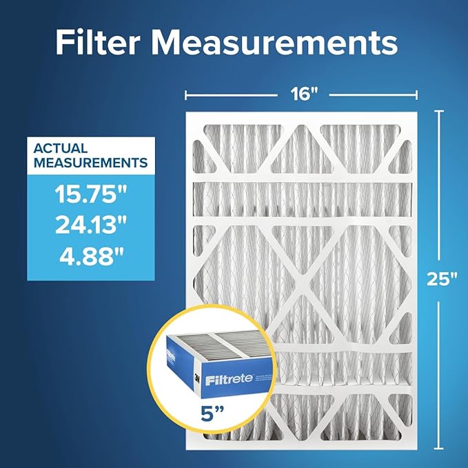 Filtrete 16x25x5 AC Furnace Air Filter, MERV 13, MPR 1900, Premium Allergen, Bacteria & Virus Filter, Electrostatic Air Cleaning Filter, 2-Pack (Actual Size 15.75 x 24.13 x 4.88 in)