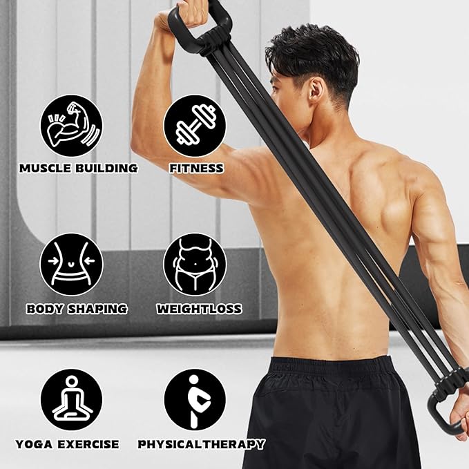 6-Pipe Chest Expander & Shoulder Stretcher - Adjustable Detachable Resistance Tubes for Home Gym, Rehab, Strength Training + Easy Workout Guide (Men/Women)-FlexoryFit