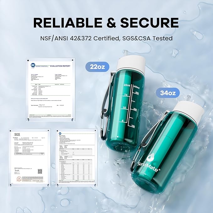 Survimate 5-Stage 0.01μm Ultra-Filtration Filtered Water Bottle, BPA-Free Material, NSF/ANSI 42&372 Certified, Portable Water Filter Bottle for Survival, Camping, Hiking, and Emergency Use