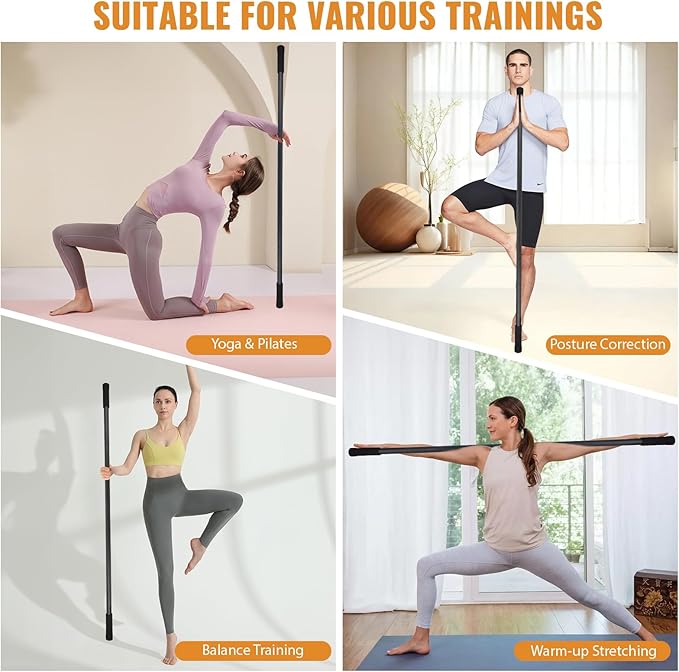 Yoga Stick 5ft Mobility Stick, Sturdy Steel Exercise Bar Adjustable Stretching Stick for Mobility, Training, Flexibility and Balance, Versatile Stretch Bar with 4 Steel Rods & Foam Handles-FlexoryFit