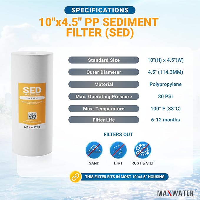 Max Water 10" x 4.5" Whole House Sediment Filter Cartridge Replacement | 1 Micron Melt-Blown Polypropylene Well Water Filter, Compatible with DGD-5005, AP810, WFHD13001B (Pack of 2)