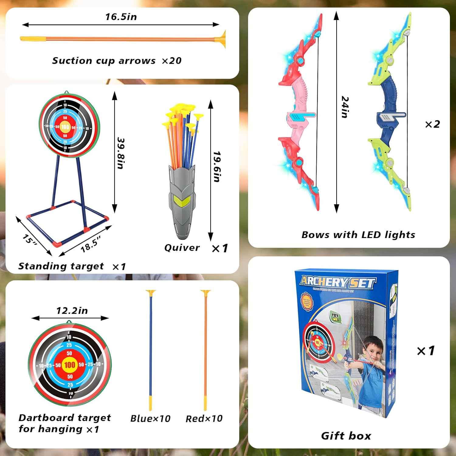 Bow and Arrow Set for Kids 4-12 Years Old, LED Light Up Archery Toy with 20 Suction Cup Arrows and Standing Target, Indoor Outdoor Activity Toys for Ages 4-6 8-13