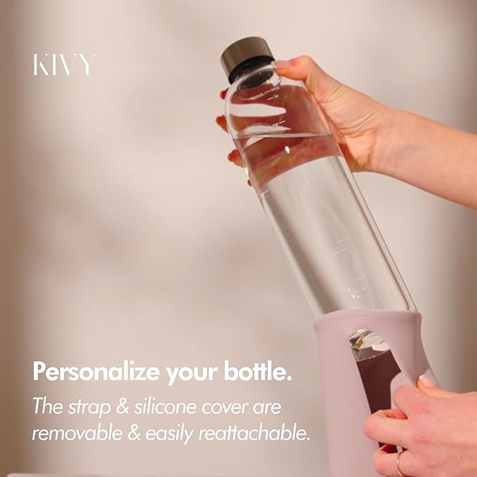 KIVY Glass Water Bottle with Silicone Sleeve 32 oz [WITH MEASUREMENT] - Borosilicate Glass Water Bottle Screw Top - Clear Bottles with Measurement Marking - Slim Waterbottle Aesthetic - Taupe
