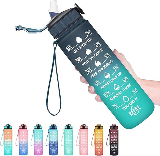 Hyeta 32 oz Water Bottles with Times to Drink and Straw, Motivational Water Bottle with Time Marker, Leakproof, Drinking Sports Water Bottle for Fitness, Gym and Outdoor-FlexoryFit