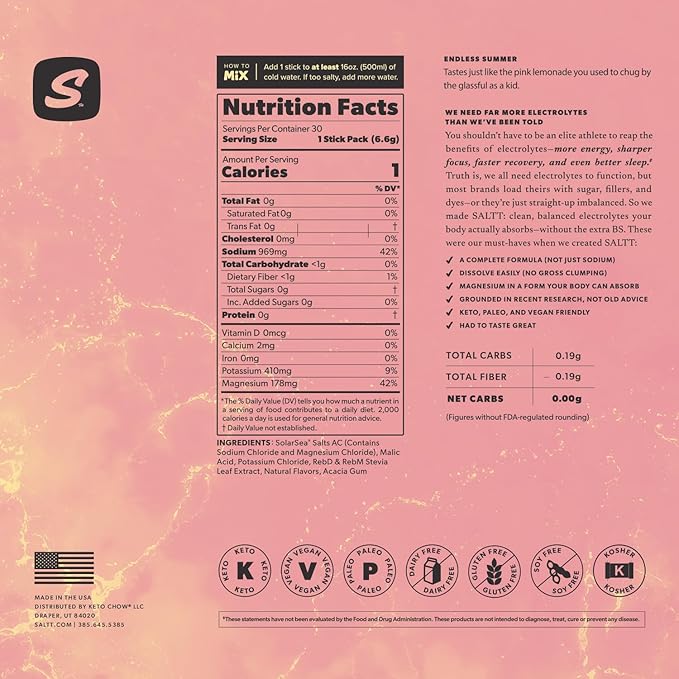 Keto Chow SALTT Electrolytes Powder Packets, Endless Summer (30 Hydration Packets) - Magnesium, Potassium, Sodium, Trace Minerals - Vegan, Sugar Free, Gluten Free - Travel Essentials - Made in USA-FlexoryFit