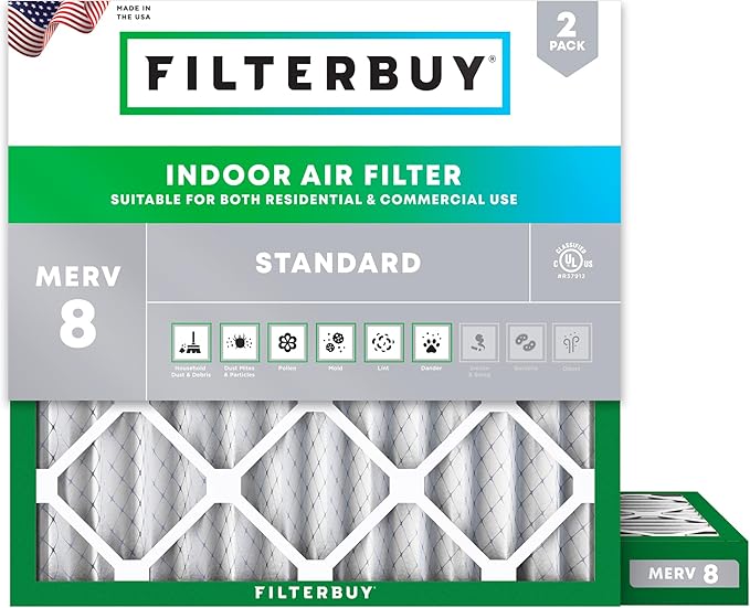 Filterbuy 18x18x2 Air Filter MERV 8 (MPR 700) Dust Defense Replacement (2-Pack), Electrostatic Pleated HVAC AC Furnace Filters, Made in USA (Actual Size: 17.75 x 17.75 x 1.75)