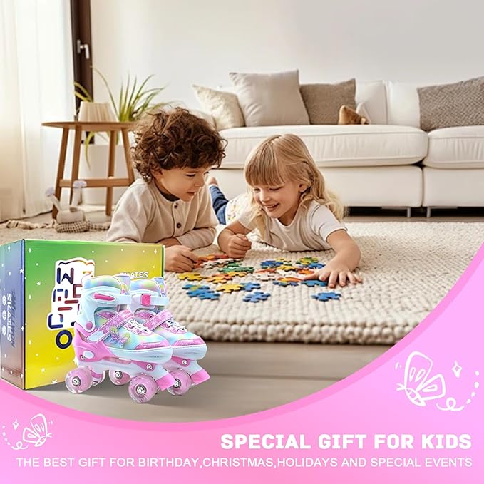 Kids Roller Skates for Girls-Outdoor 4 Size Adjustable Butterfly Quad Rollerskates for Indoor Ages 3-12 Years Beginners Children's Birthday Gift with Light Up Wheels patines para niñas Indoor-FlexoryFit
