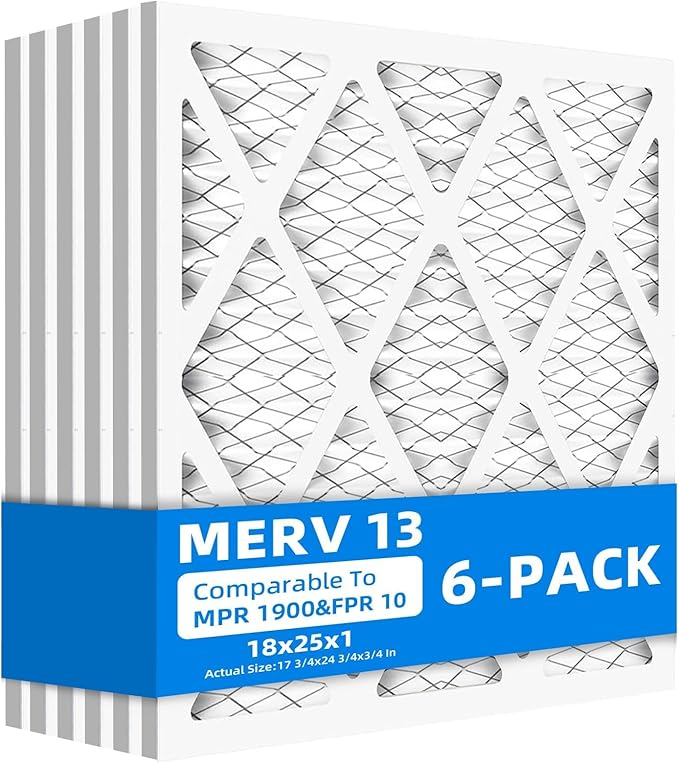 (6-Pack) 18x25x1 Furnace Air Filters, MPR 1900 & FPR 10, MERV 13 Pleated Air Filter (Actual Size: 17.75"x24.75"x0.75")