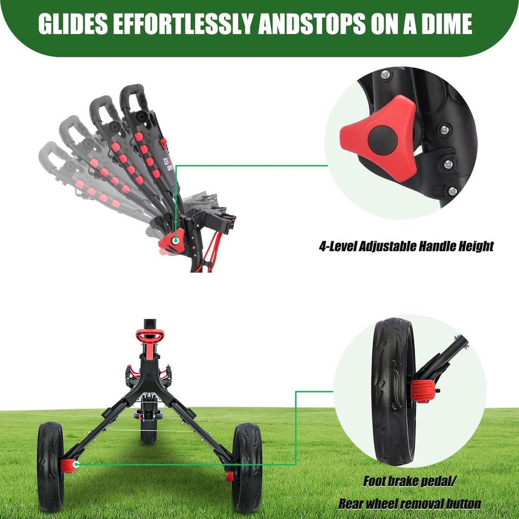 Golf Push Cart Series: 2-Wheel, 3-Wheel, 4-Wheel & 360° Swivel Front Wheel