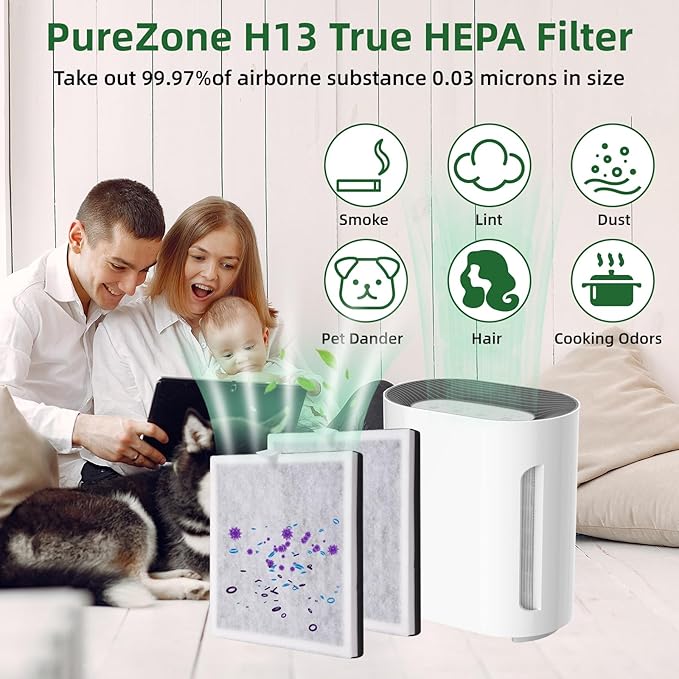 3-in-1 H13 Grade True HEPA Replacement Filter, Compatible with Pure Enrichment PureZone Air Purifier PEAIRPLG Only, 2 Pack