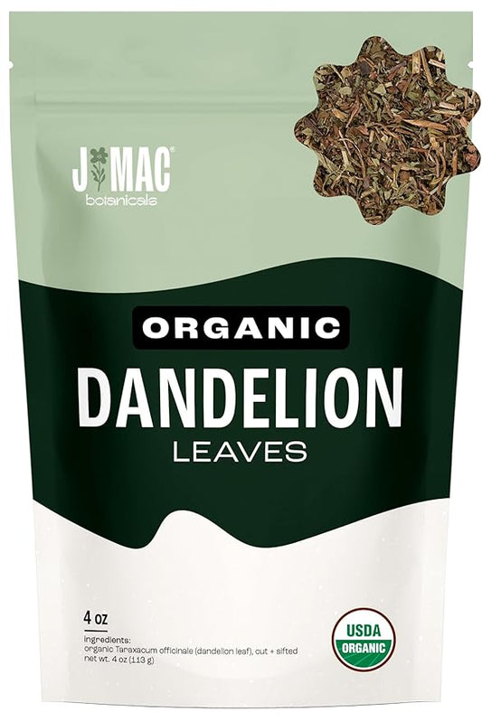J Mac Botanicals, Organic Dandelion Leaves (4 oz bag) USDA Certified Organic Dandelion leaf tea, te diente de leon organico, Packaged in the USA, Cut and Sifted, No Caffeine-FlexoryFit
