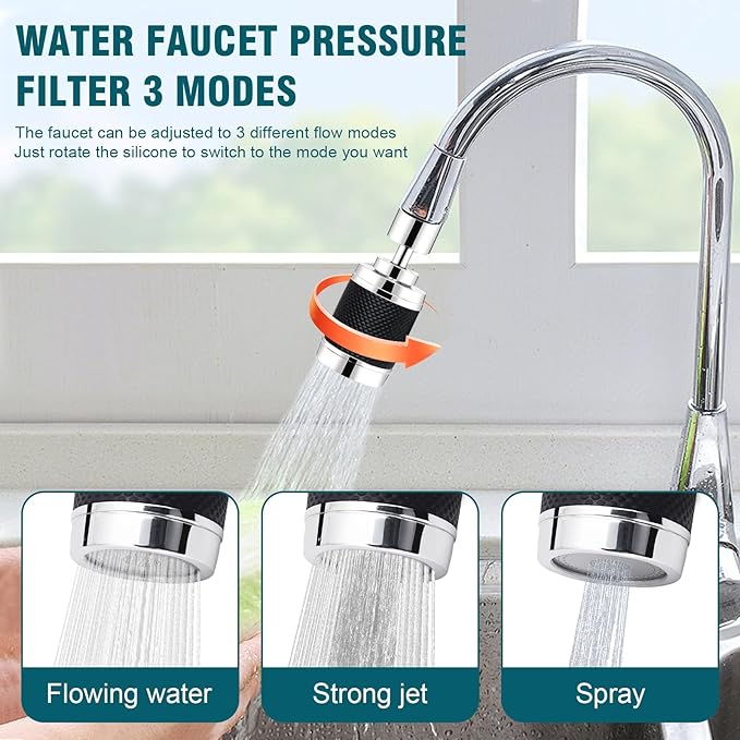 360 ° rotation kitchen faucet nozzle with filter High pressure water saver Bubble mode faucet extender accessory for 3 spray modes (White)