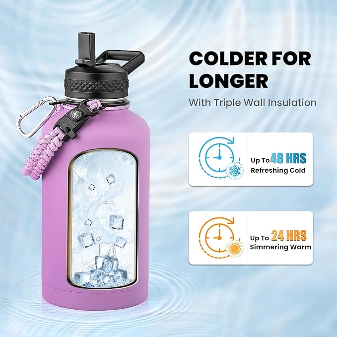Insulated Water Bottle 64 oz, Triple Wall Vacuum Stainless Steel (Cold for 48 Hrs), Leak Proof & Non-BPA, Half Gallon Water Flask Jug with Paracord Handle & Straw Spout Lids, Lilac-FlexoryFit