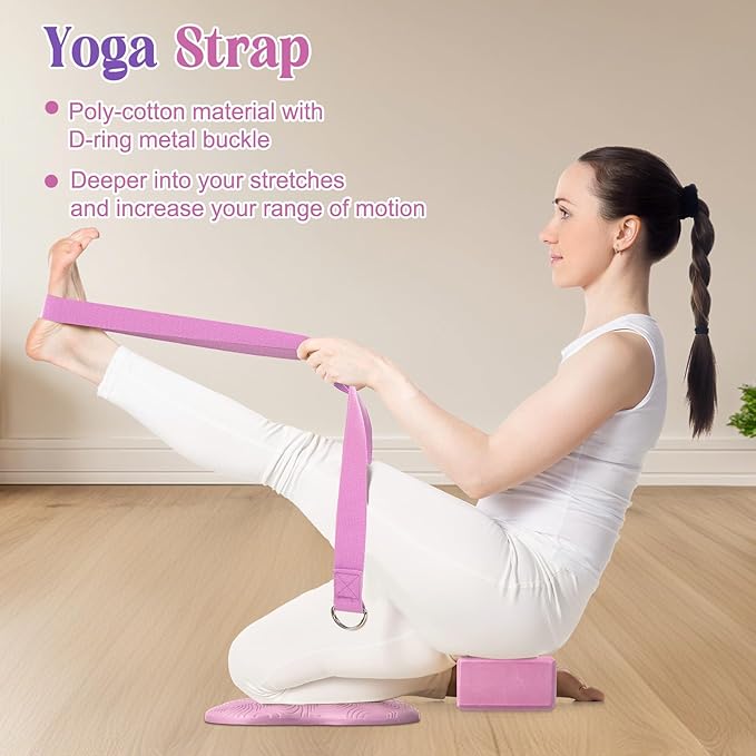 5 Pcs Yoga Blocks Knee Pads Yoga Strap Set Soft Premium Foam Blocks Accessories for Pilates Meditation General Fitness Stability, Kneeling, Balance, Deepen Stretches and Toning-FlexoryFit