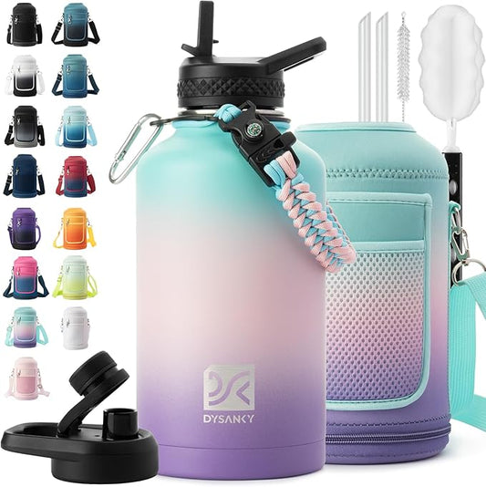 Insulated Water Bottle | Thickened Stainless Steel Vacuum Metal | Portable Sports Half Gallon Large Water Jug for Gym and Hiking with Straw, Carrier Bag, Handle Strap | BPA-Free 64 oz-FlexoryFit