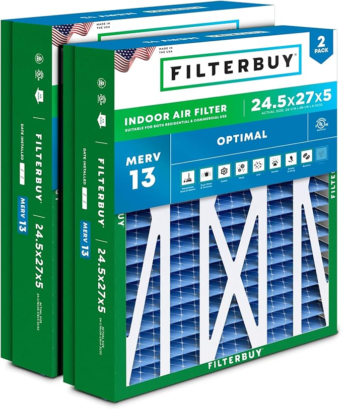 Filterbuy 24.5x27x5 Air Filter MERV 13 Optimal Defense (2-Pack), Pleated HVAC AC Furnace Air Filters for Trane, American Standard, Honeywell, & Accumulair (Actual Size: 24.06 x 26.13 x 4.97 Inches)
