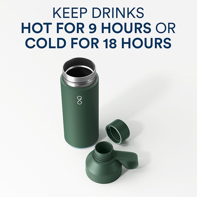 Ocean Bottle - Recycled Stainless Steel Drinks Reusable Water Bottle - Eco-Friendly & Reusable - Forest Green - 17 oz