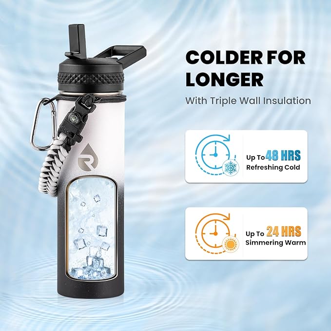 Insulated Water Bottle 20 oz, Triple Wall Vacuum Stainless Steel (Cold for 48 Hrs), Leak Proof & Non-BPA, Kids Water Bottle Jug for School with Straw Spout Lids, Ombre: White/Black-FlexoryFit