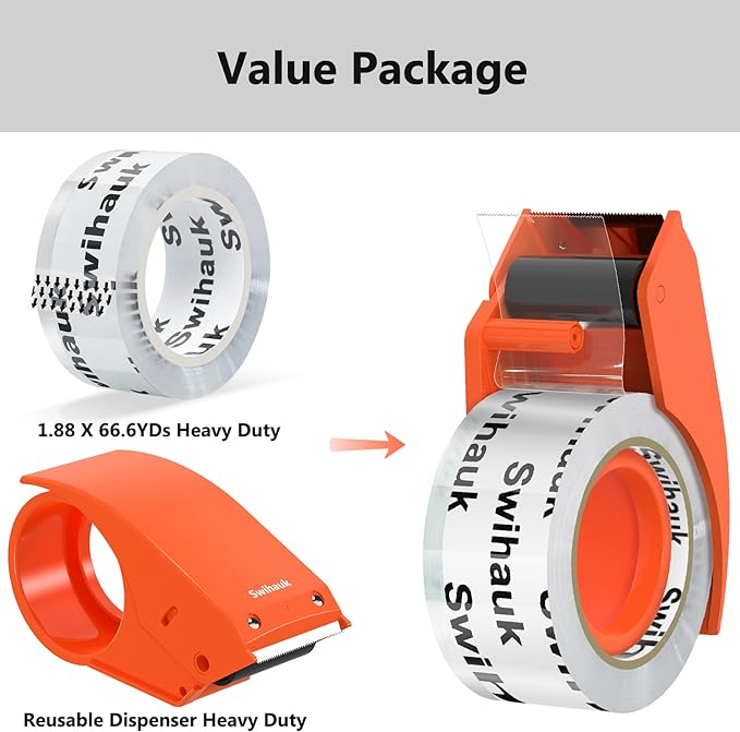 1.88 in x 66.6 YDs Clear Heavy Duty Packing Tape with Dispenser, Strong & Durable Shipping Tape, Packaging Tape, Packing Tape Dispenser for Packing Boxes, Moving Supplies, Shipping and Mailing-FlexoryFit