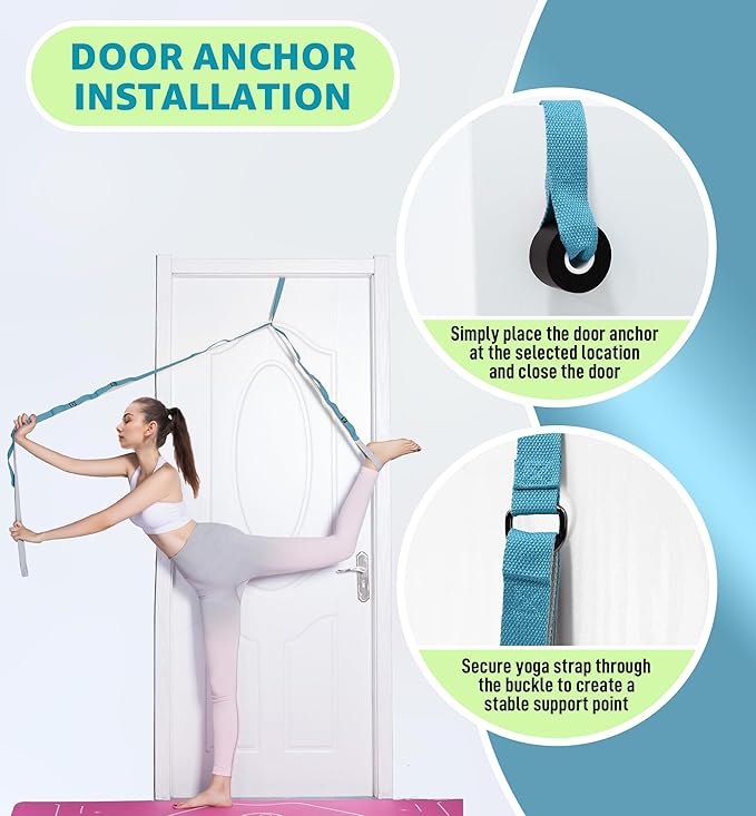 HiRui Stretching Strap Yoga Strap with Door Anchor, 14-Loops Non-Elastic Stretch Straps for Physical Therapy, Pilates, Dance, Gymnastics | Stretch Band with Workout Guide for Women & Men-FlexoryFit