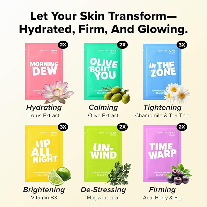 I DEW CARE Glass Skin Facial Sheet Mask Variety Pack - Let's Get Sheet Faced | 14 Days Facial Masks Set, Moisturizing Face Masks Skincare, Korean Face Mask, Hydrating Collagen Face Mask, 14 Count-FlexoryFit