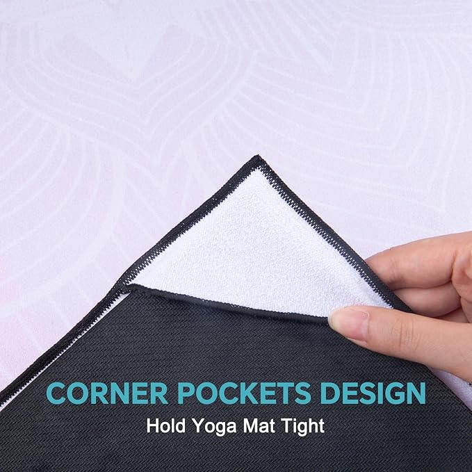 QiyI Yoga Mat Towel with Corner Pockets, Non Slip Sweat Absorbent Hot Yoga Towels, Soft Yoga Blankets with Travel Bag, Skidless Mat Cover for Workout, Gym, Fitness - 70"x26", Purple Mandala-FlexoryFit