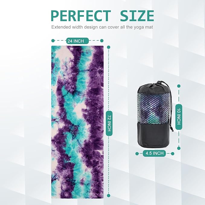 Eunzel Yoga Towel,Hot Yoga Mat Towel with Grip Dots Sweat Absorbent Non-Slip for Hot Yoga, Pilates and Workout 24" x72", Green & Purple-FlexoryFit