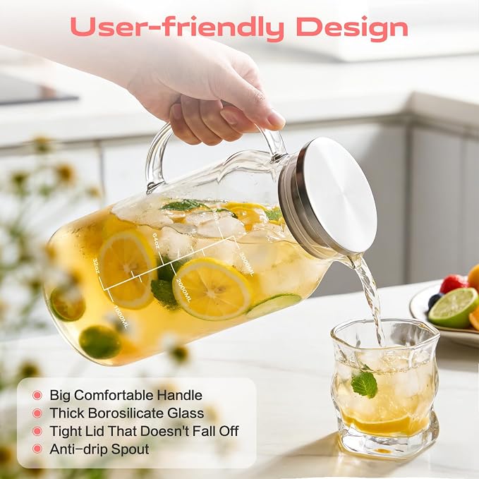 Aofmee Glass Pitcher with Lid and Handle, Glass Water Pitcher with Lid - Image 5