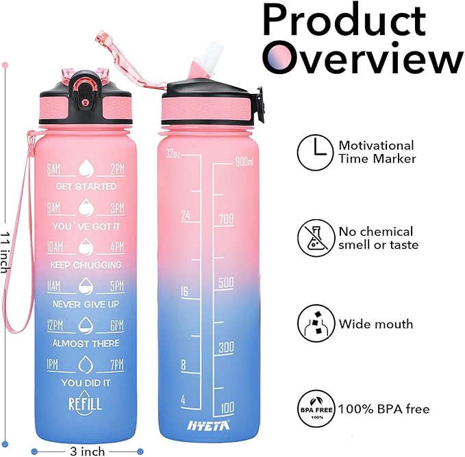 Hyeta 32 oz Water Bottles with Times to Drink and Straw, Motivational Water Bottle with Time Marker, Leakproof, Drinking Sports Water Bottle for Fitness, Gym and Outdoor-FlexoryFit