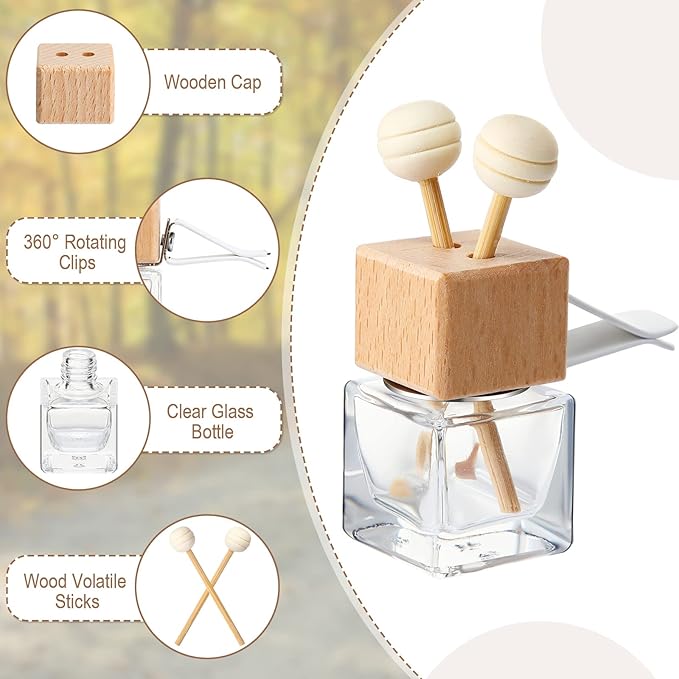 Zubebe 30 Pack Car Air Freshener Diffuser with Vent Clip Empty Car Diffuser Bottles for Essential Oil Perfume Glass Bottle with Wooden Caps Stick(Square)