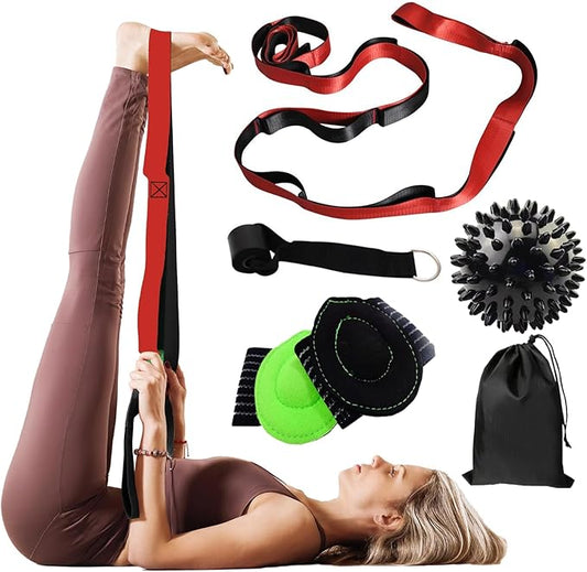 Gradient Fitness Therapy Stretching Belt, 12 Circle Multi Ring Stretching Belt (1.5 inches wide x 86.6 inches long), Therapy Equipment, Yoga Stretcher Strap,Leg Stretcher. Equipped with arch foot pads and pointed massage balls(RED)-FlexoryFit