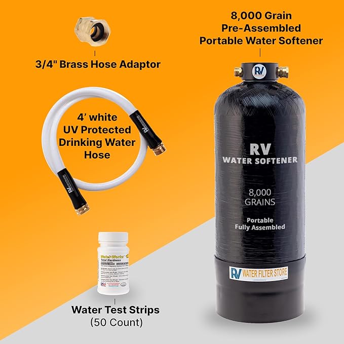 Essential RV Water Softener Portable 8,000 Grain w Custom Hose, 3/4" Fittings, Softens Hard Water for RV's Vanlife Nomads Boondockers, New Lighter & Compact Model Easy Storage