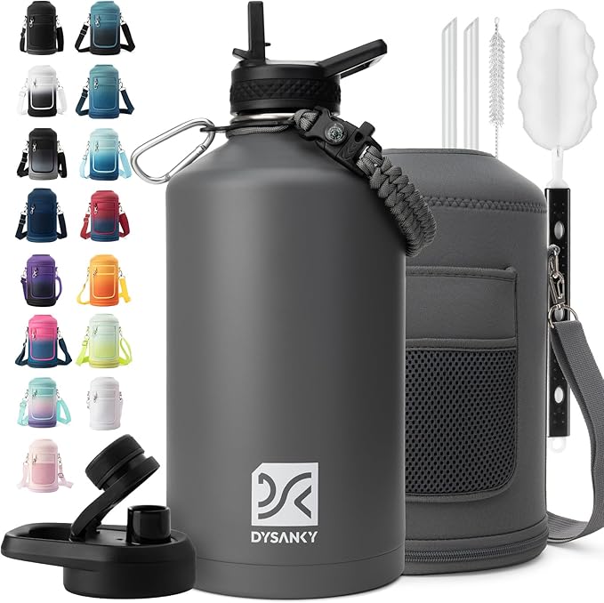 1 Gallon Water Bottle Insulated | Thickened Stainless Steel Vacuum Metal Water Jug | Portable Sports Large for Gym and Hiking with Straw, Carrier Bag, Handle Strap | BPA-Free 128 oz-FlexoryFit