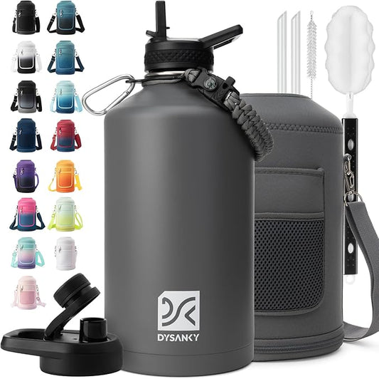 1 Gallon Water Bottle Insulated | Thickened Stainless Steel Vacuum Metal Water Jug | Portable Sports Large for Gym and Hiking with Straw, Carrier Bag, Handle Strap | BPA-Free 128 oz-FlexoryFit