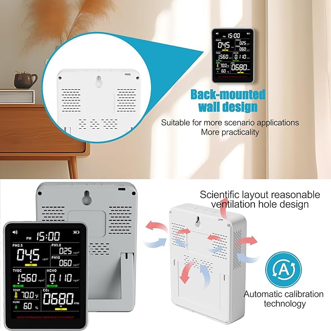 XOOPON 13-in-1 Indoor Air Quality Monitor with PM1.0/2.5/10, CO2, HCHO, TVOC, Temp, Humidity & Time, 4 Alarm Modes, Portable Air Quality Tester for Home, Office, Car, Wall-Mount or Desktop Use