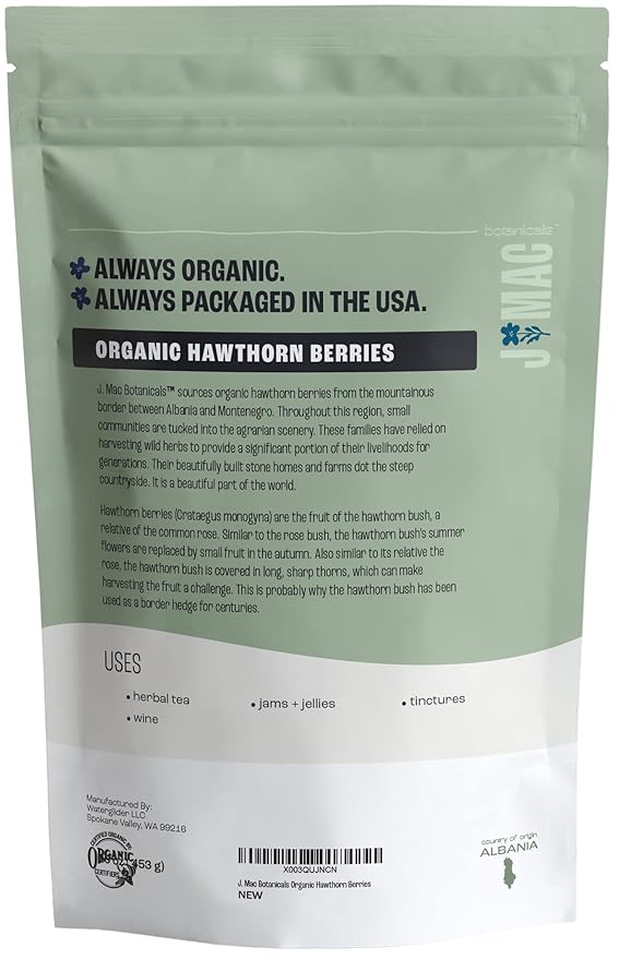 J Mac Botanicals, Organic Dried Hawthorn Berries Whole (16 oz) Hawthorn berry from Eastern Europe, certified Organic hawthorn berry tea, Hawthorne berries bulk resealable bag, Dried Hawthorn berries-FlexoryFit