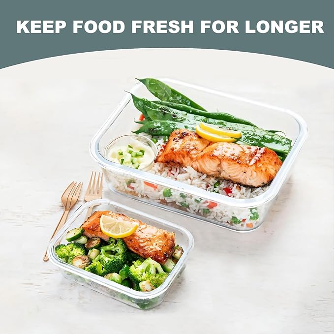 10 Pack Glass Food Storage Containers, Meal Prep Containers with Lids, Airtight Glass Lunch Boxes, Freezer, Oven, and Microwave Safe, White-FlexoryFit