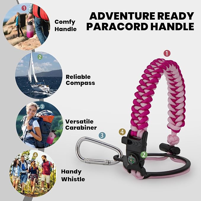 Insulated Water Bottle 64 oz, Triple Wall Vacuum Stainless Steel (Cold for 48 Hrs), Leak Proof & Non-BPA, Half Gallon Water Flask Jug with Paracord Handle & Straw Spout Lids, Ombre Pink-FlexoryFit