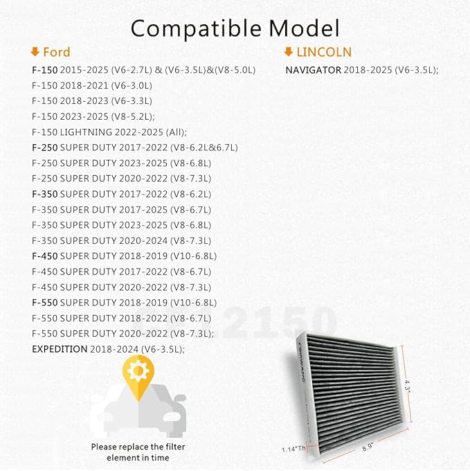 CF12150 Cabin Air Filter Activated Carbon Compatible with Ford F150 2015-2025/F250-F550 Super Duty 2017-2022/Expedition 2018-2024, Lincoln Navigator 2018-2025 - Replaces FL3Z-19N619-A