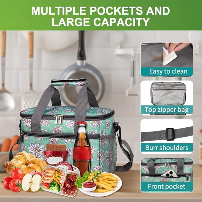 iknoe Large Foldable Cooler Bag, 8.5L Insulated Lunch Bag, Leakproof Lunch Cooler Tote with Multi-Bag Design Suitable for Beach, Picnic and Office Use, Nattier Blue 15-Can-FlexoryFit