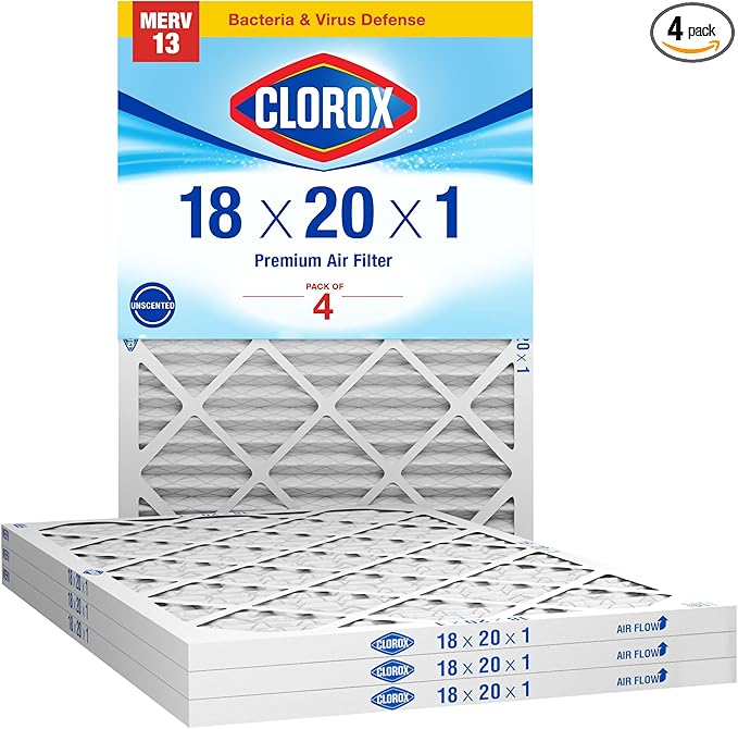 Clorox 18x20x1 Air Filter, MERV 13 Pleated HVAC AC Furnace Air Filters, MPR 1500 & FPR 10 – Pack of 4
