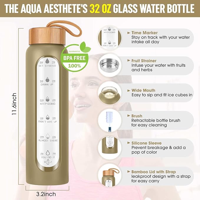Aqulea Glass Water Bottles 32 Oz with Silicone Sleeve - BPA Free Reusable Wide Mouth Glass Motivational Water Bottles with Fruit Infuser – Leak Proof Borosilicate Water Bottle with Time Marker (Champ)