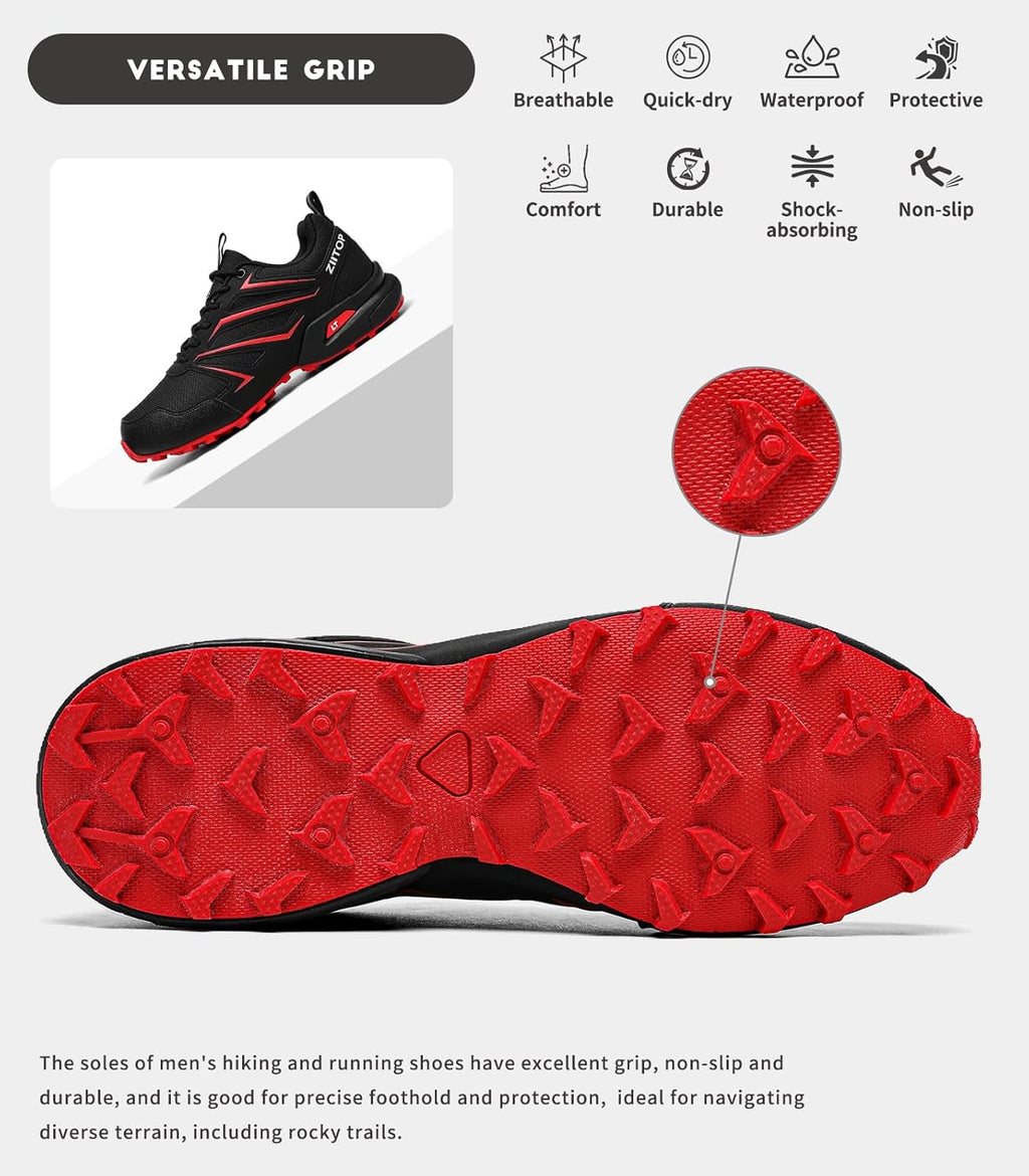 Mens Trail Running Shoes Waterproof Non-Slip Hiking Walking Sneakers for Outdoor Trailing Trekking Camping Quest Black