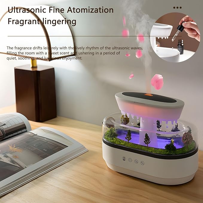 Essential Oil Flame Diffuser 250ml Cloud Rain Humidifier Water Drip Aromatherapy Diffuser Air Humidifier with 7 Colors Light, Micro Landscape, White Noise, Auto-Off for Home Office (White)