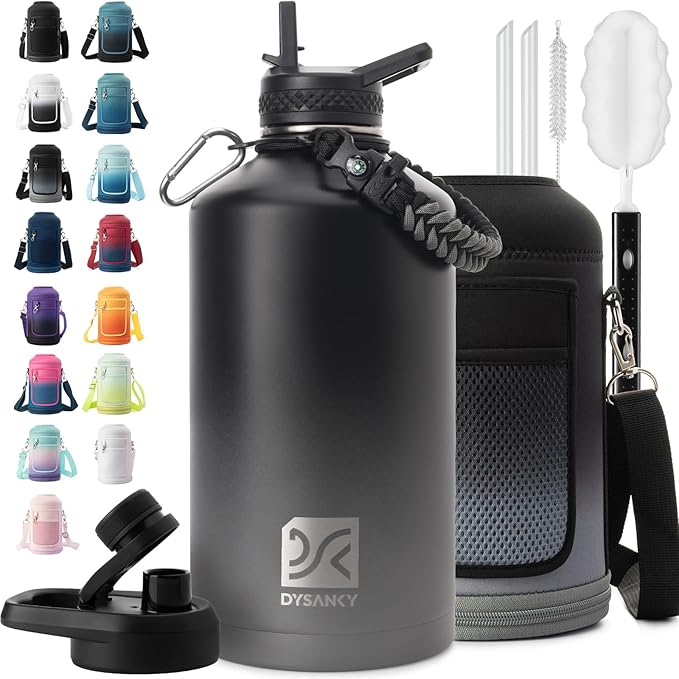 1 Gallon Water Bottle Insulated | Thickened Stainless Steel Vacuum Metal Water Jug | Portable Sports Large for Gym and Hiking with Straw, Carrier Bag, Handle Strap | BPA-Free 128 oz-FlexoryFit