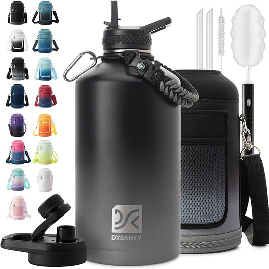 1 Gallon Water Bottle Insulated | Thickened Stainless Steel Vacuum Metal Water Jug | Portable Sports Large for Gym and Hiking with Straw, Carrier Bag, Handle Strap | BPA-Free 128 oz-FlexoryFit